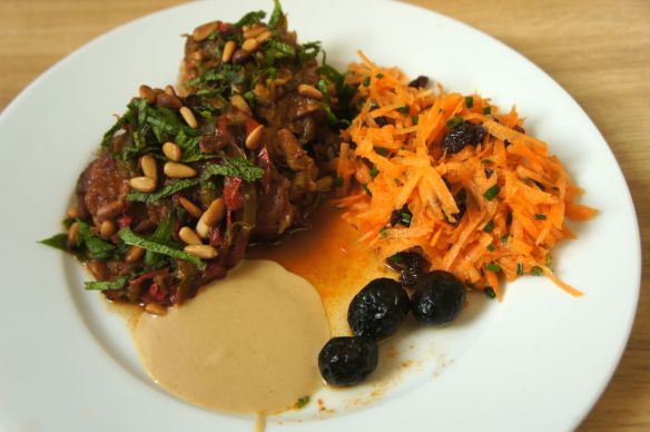 Chicken musakhan with Moroccan carrot salad, tahini and olives